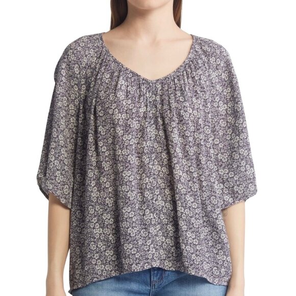 FAHERTY Amira Top In Navy Ditsy Floral Women's Size L Pullover Flutter Sleeve - Picture 1 of 9